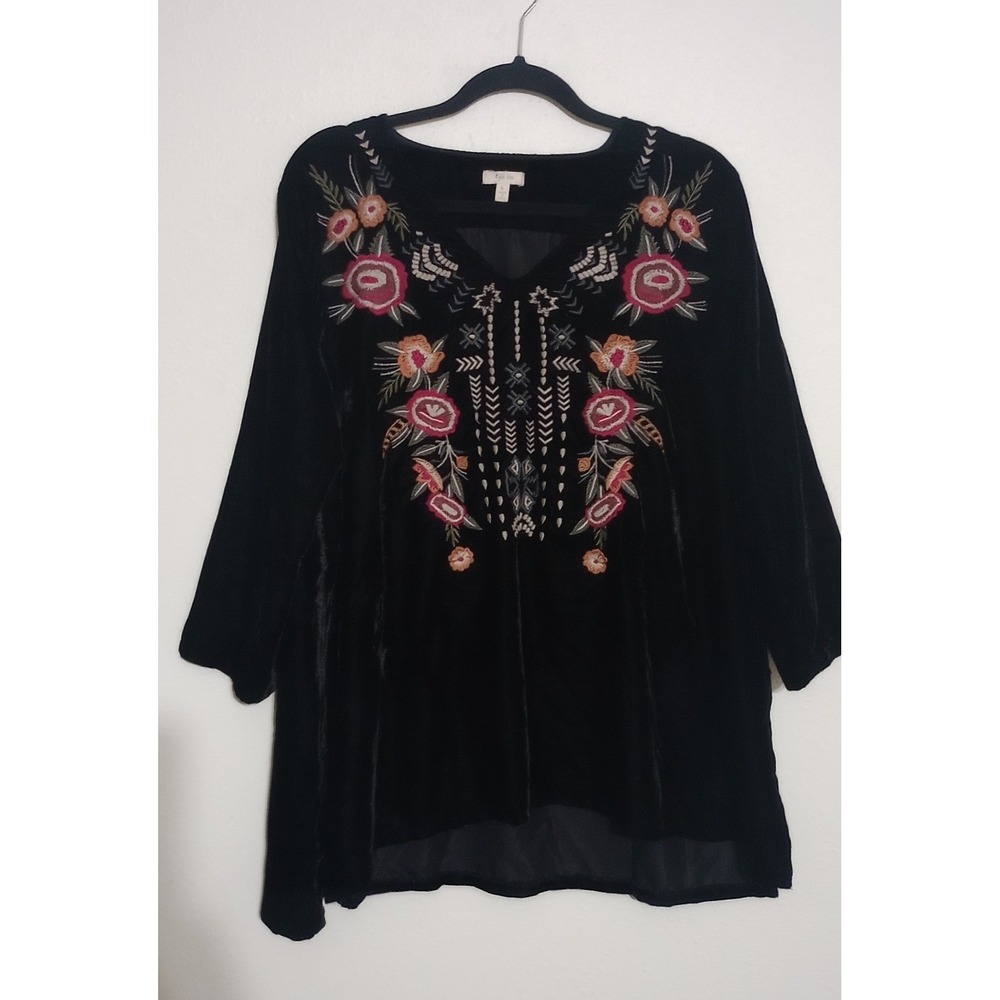 Kyla Seo Womens Black Velvet Embroidered Floral V-Neck Tunic Blouse Top Large